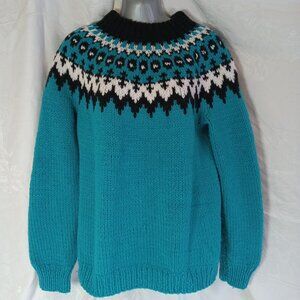Vintage Nordic Sweater Womens L Blue Black Hand Knit Made Wool Fair Isle Nordic